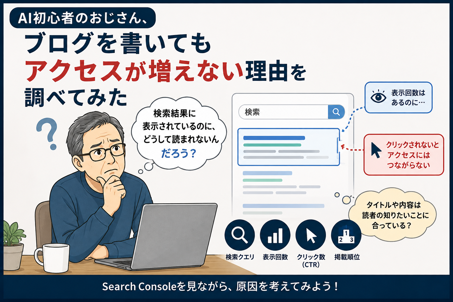AI初心者のおじさん、ブログを書いてもアクセスが増えない理由を調べてみた