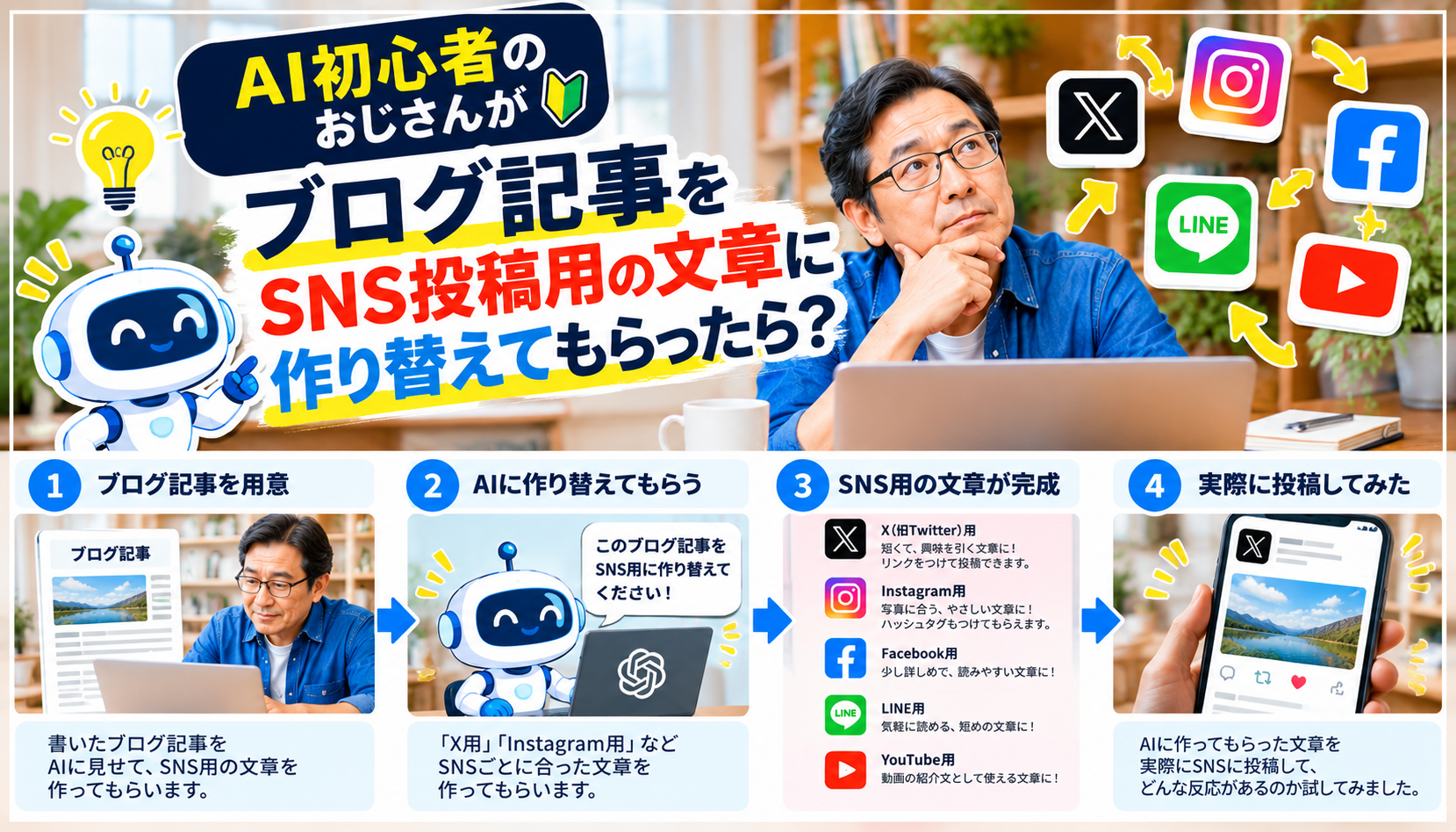 ブログ記事を用意し、AIにSNS用文章を作ってもらい、文章例を確認して調整する4つの手順を示した図解