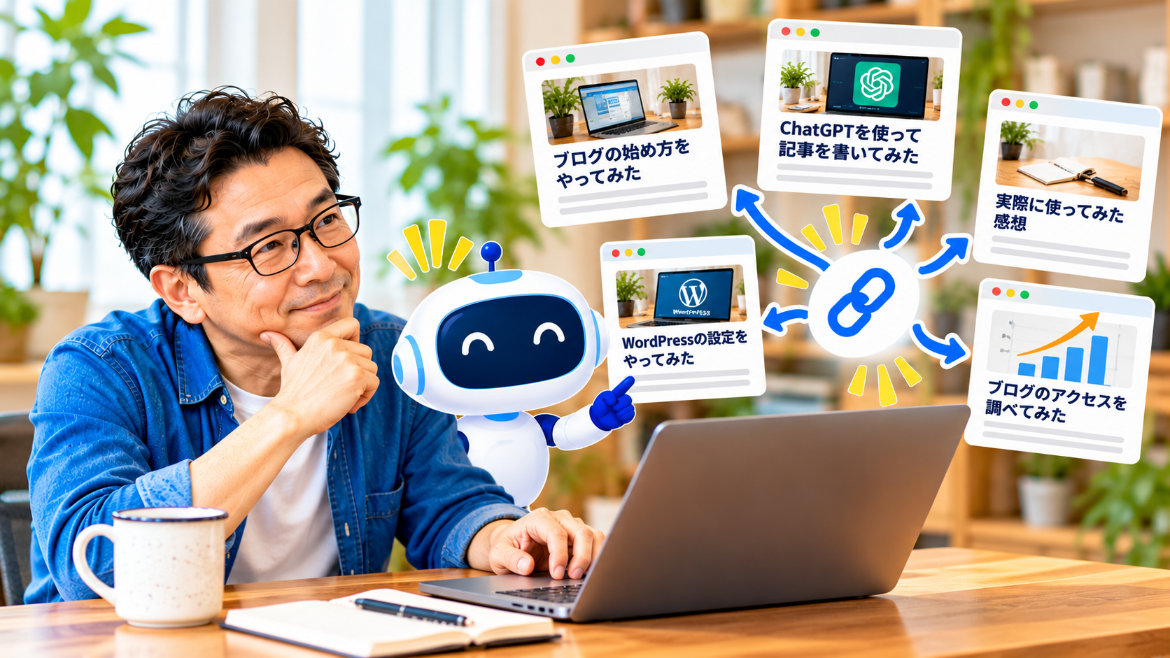 パソコンでブログ記事を見ながら、AIロボットと関連記事のつながりを考えるおじさん
